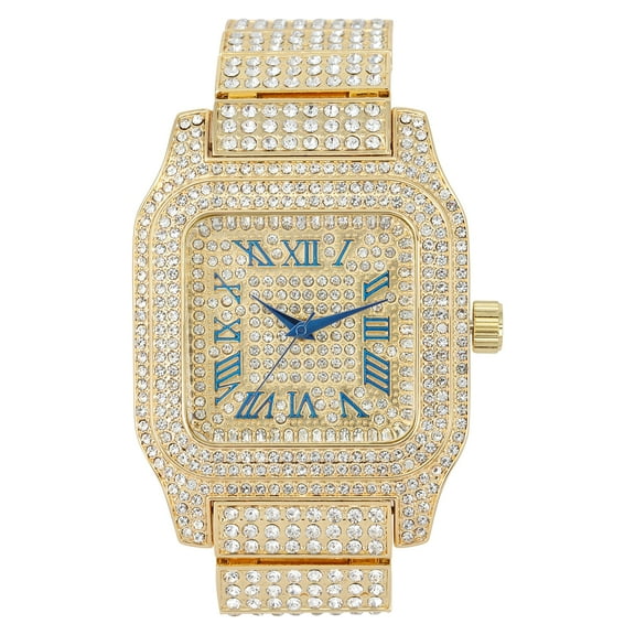 product image Bling-ed Out Biggie Square Iced Gold Hip Hop Watch You Will Hypnotize in a Flashy Way - 0513Sq (Gold Blue R#)
