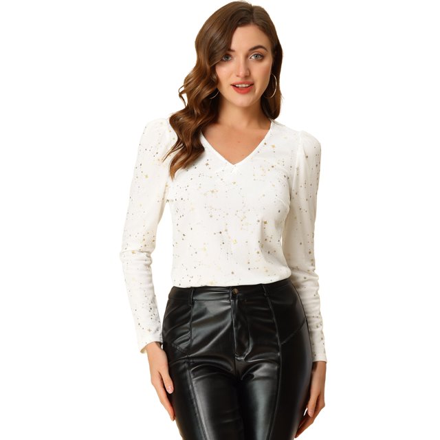 Blusa de Manga Larga Allegra K Cuello En V Terciopelo Con Estrellas Brillantes Doradas Blanco XS