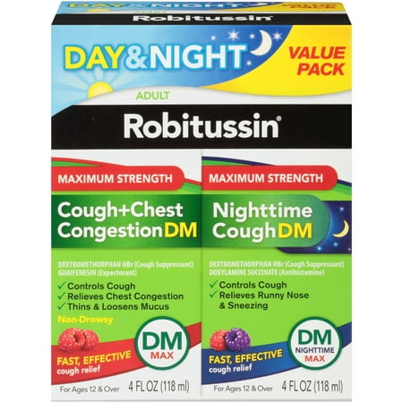 Robitussin Maximum Strength Cough + Chest Congestion DM and Maximum Strength Nighttime Cough Dm, Cough Medicine, Berry Flavor - 4 Fl Oz Bottles (Pack of 2)