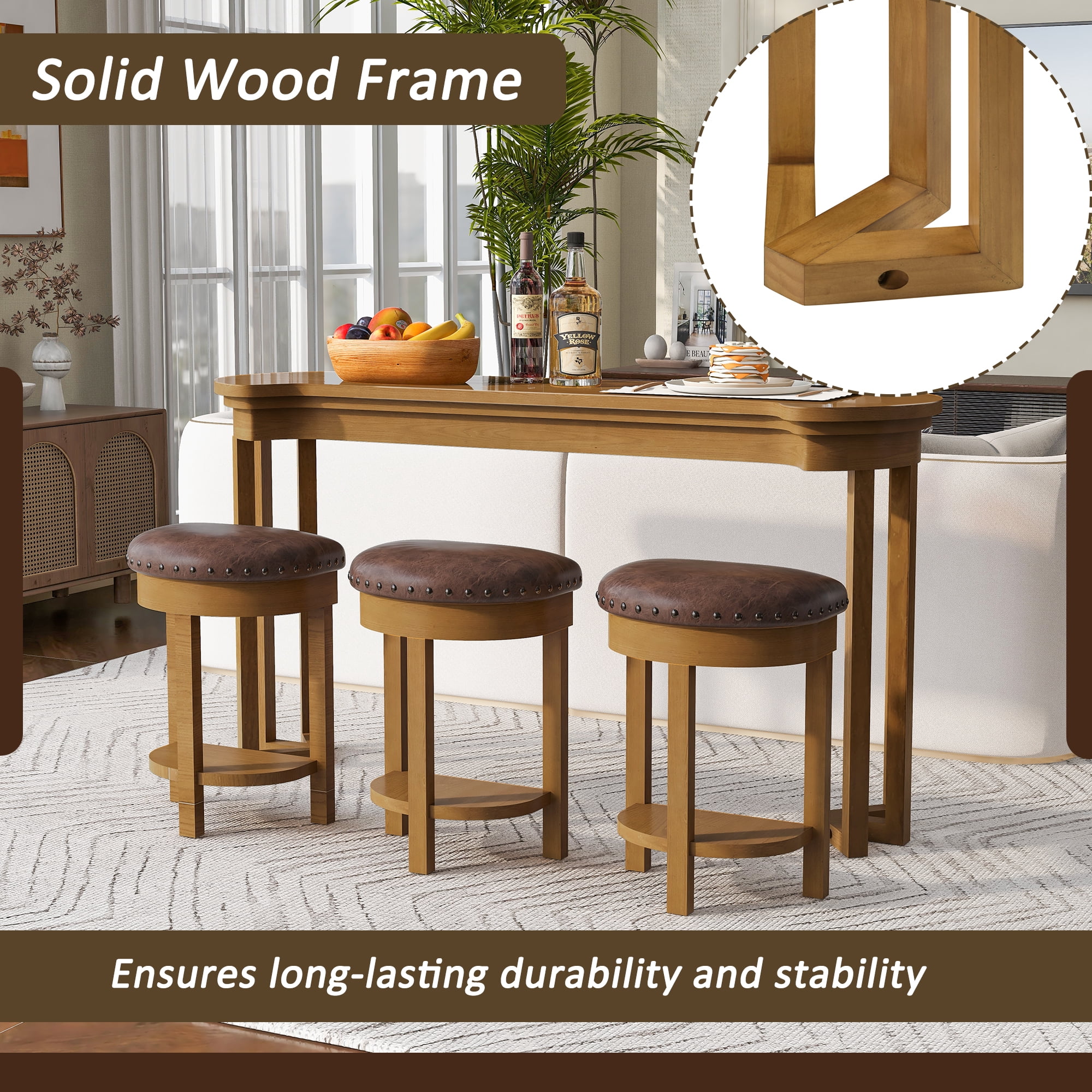 Aukfa 60"Solid Pine Wood Bar Set with 3 Stools, Space-Saving Kitchen Dining Table for 3, Compact Bistro Set for Small Apartments,Natural