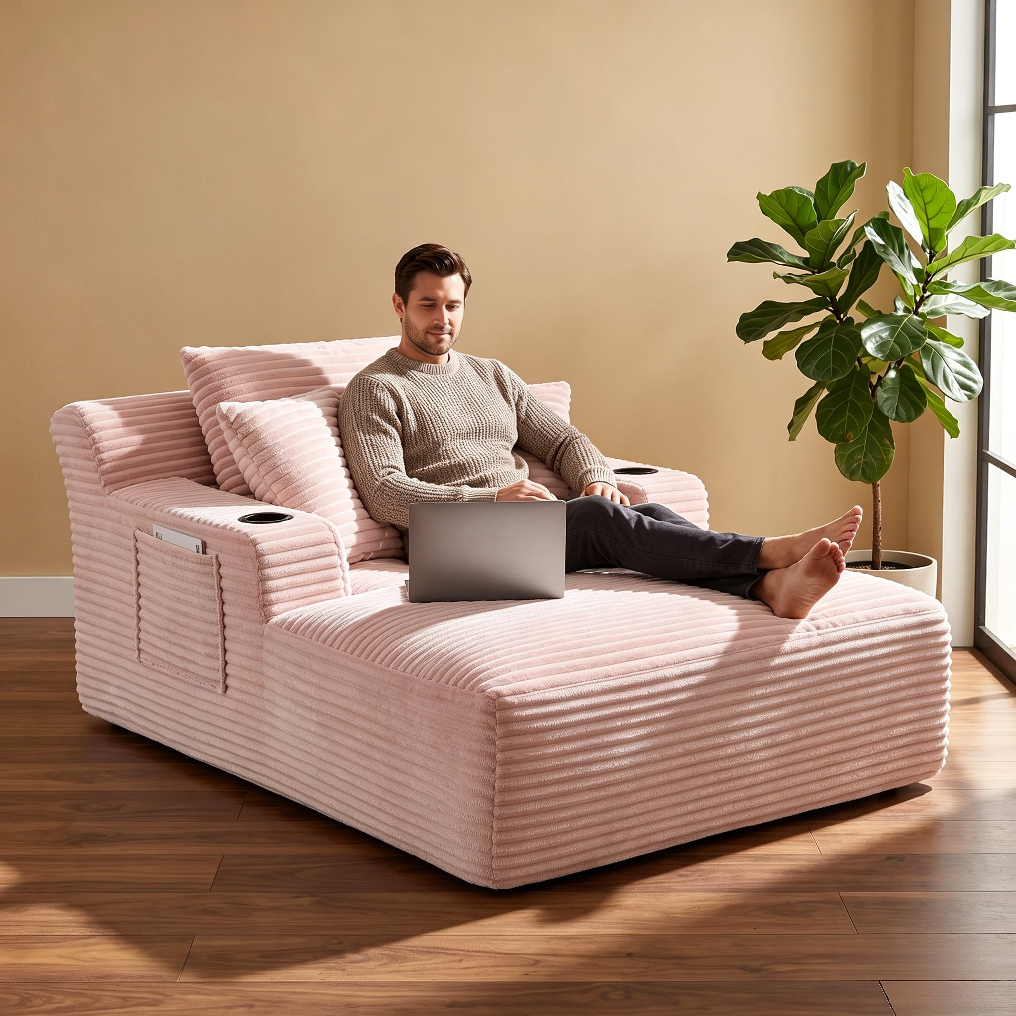ShiKeyi 66'' Chaise Lounge Chair Indoor, Boneless Sofa Cloud, Plush Corduroy Chaise Couch with Cup Holders, Side Storage Pocket & Pillows, No Assembly Required, Pink