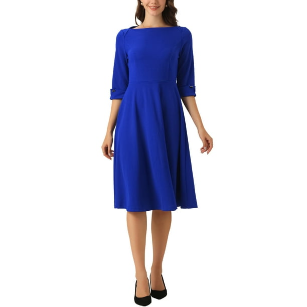 INSPIRE CHIC Vestido Vintage de Manga 3/4 para Mujer, Elegante con Cuello Barco, Vestido para Trabajar, Tendencia S Azul Real