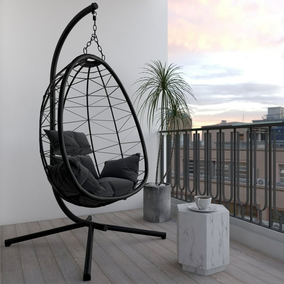Ozarke Swing Floor Chair Rattan Swing Egg Chair Hanging Chair With Stand, 441 lbs Weight Capacity - Black
