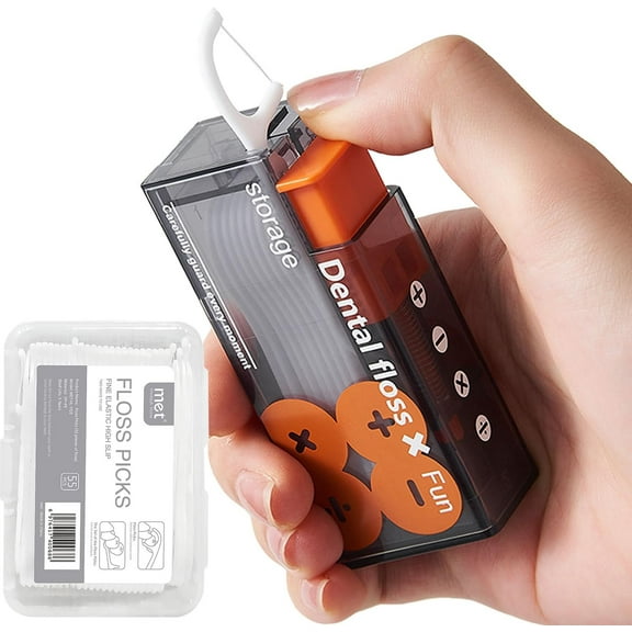 Dental Floss Dispenser, More Portable, 65 Pcs Tooth Dental Floss Picks, Floss Sticks Floss Pick Holder Included 10 Pcs Dental Flossers for Adults with Orange and 55 Pcs Extra Dental Floss