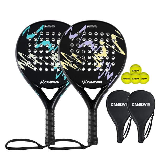 CAMEWIN 2 Palas de Pádel con Fundas, 2 Raquetas y 4 Pelotas,Kit de Raquetas para Pádel Fabricadas 100% Fibra de Carbono y Núcleo de Espuma Flexible de Memoria EVA, para Principiantes e Intermedios