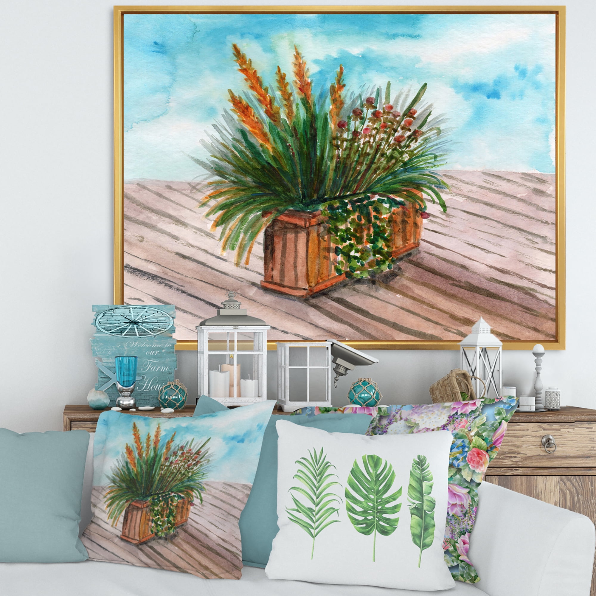 Designart 'Green Stems With Yellow Spikelets of Houseplant' Traditional Framed Canvas Wall Art Print