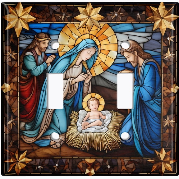 Metal Light Switch Wall Plate Outlet Cover (Printed Image of Stained Glass Nativity Scene - Double Toggle)