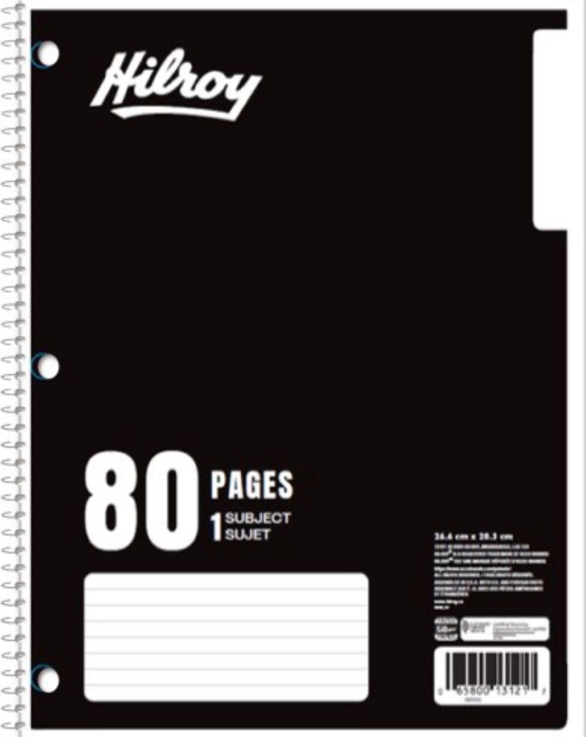 Hilroy Cahier à spirale à 1 sujet avec marge, 3 trous, 10 1/2 po x 8 po, 80 pages Cahier 1 sujet