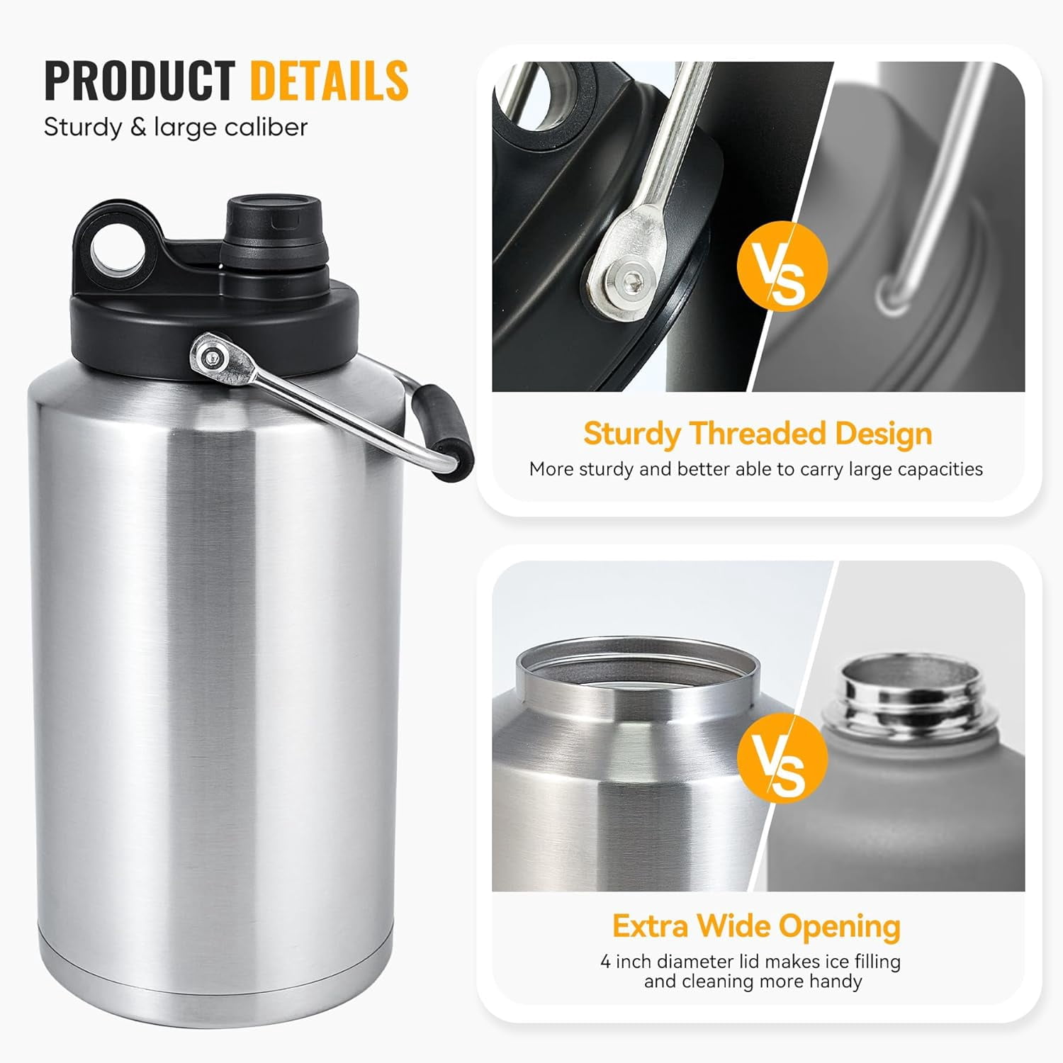 Insulated Gallon Jug with Handle, One Gallon, 128 Ounces, Stainless Steel, Large Double Vacuum Water Bottle for Hot & Cold Drinks, Wide Mouth, Sweat Proof, Great for Travel, Camping