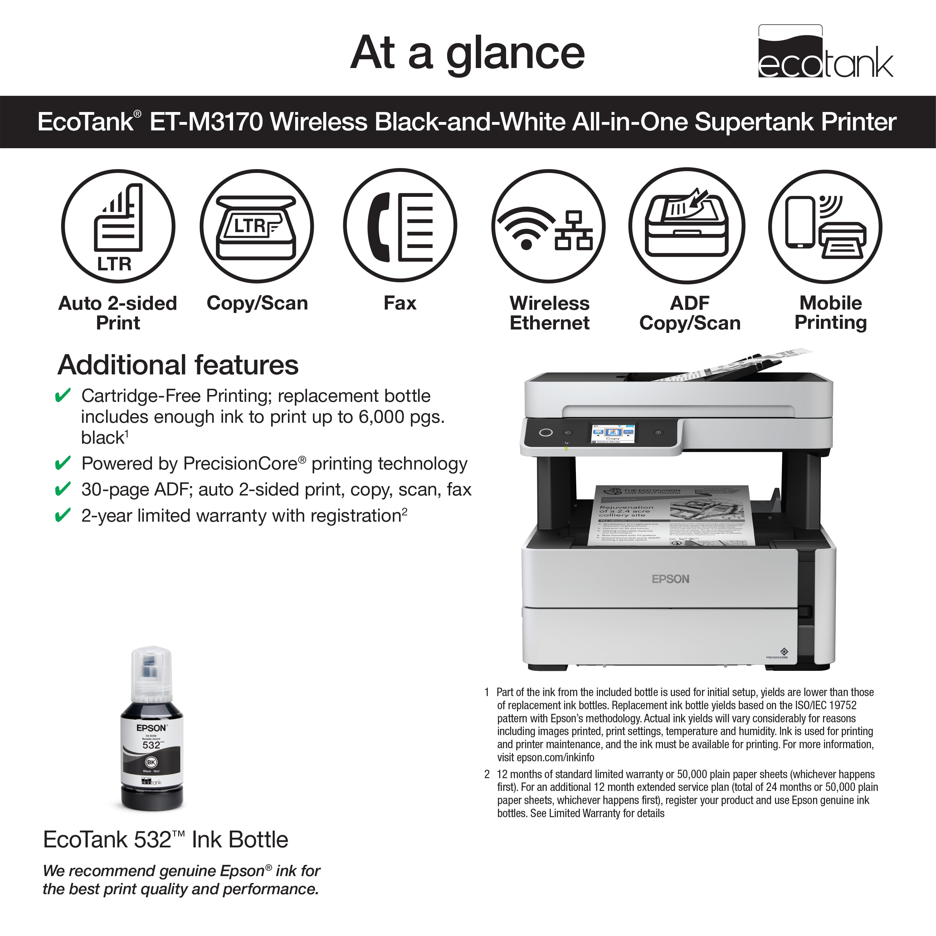 Epson EcoTank ET-M3170 Wireless Monochrome All-in-One Supertank Printer, Plus ADF, Fax and Ethernet