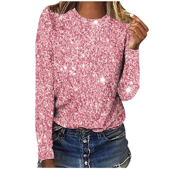 Lovskoo Long Sleeve Shirts for Women Spring Fall Sparkly Sequin Printed Round Neck Pullover Casual Pink XL