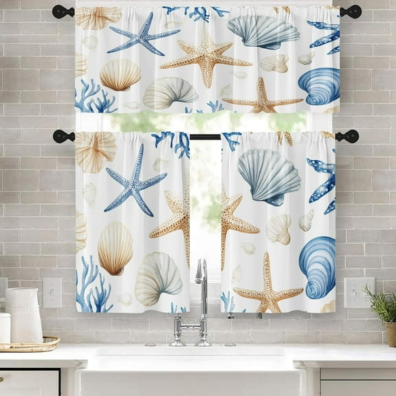 Summer Kitchen Window Curtains Valance and Tier Set 36 Inch, Seashells Starfish Coral Rod Pocket Short Tier Curtain for Bathroom, Watercolor Small Cafe Drapes for Kitchen Decor