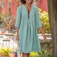 thumbnail image 3 of Quixlent Women Cotton Linen Dress Short Sleeve V Neck A-Line Swing Dress Summer Casual Beach Vacation Sundress with Pockets, 3 of 8