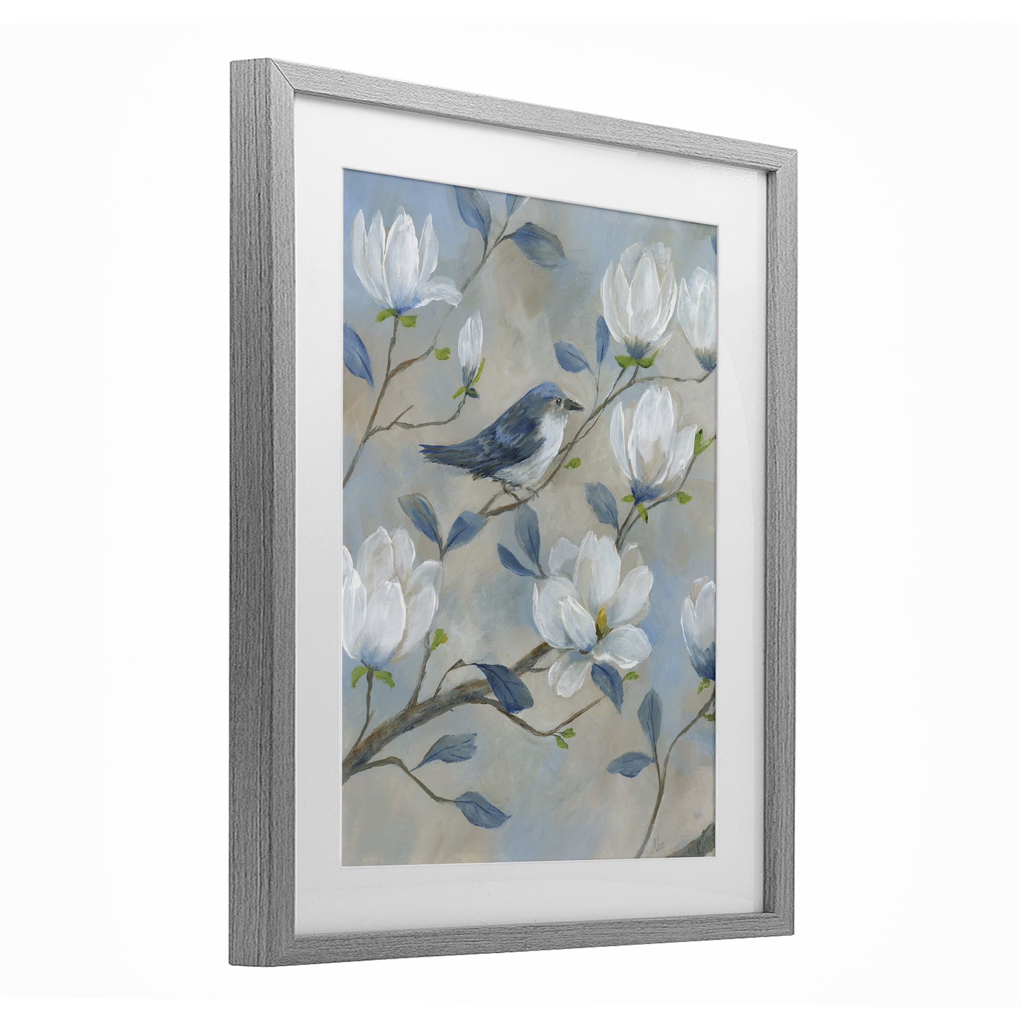 Stupell Industries Blue Bird & Magnolia Gray Framed Print Under Glass, design by Nan