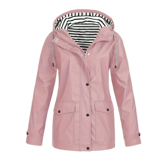 Bmisegm Womens Rain Jacket with Hood Lightweight Long Sleeve Windbreaker Zip up Drawstring Raincoat with Pockets Winter Coats for Women Pink 1XL
