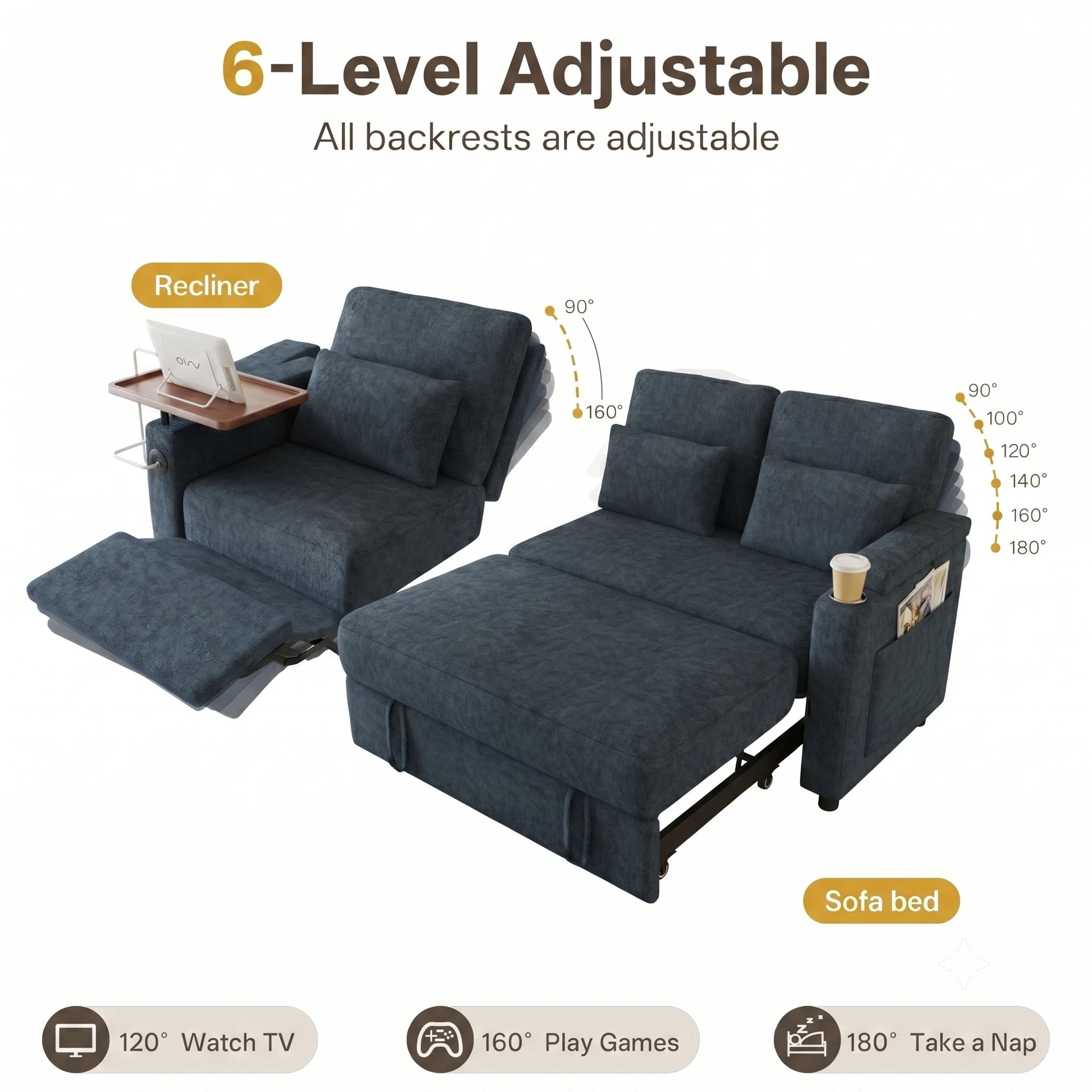 AISWORD 83" 3-in-1 Convertible Pull Out Sofa Bed, 6 Position Adjustable Sleeper Couch with USB Ports, Laptop Table, Cup Holders & Side Storage Pockets, Blue