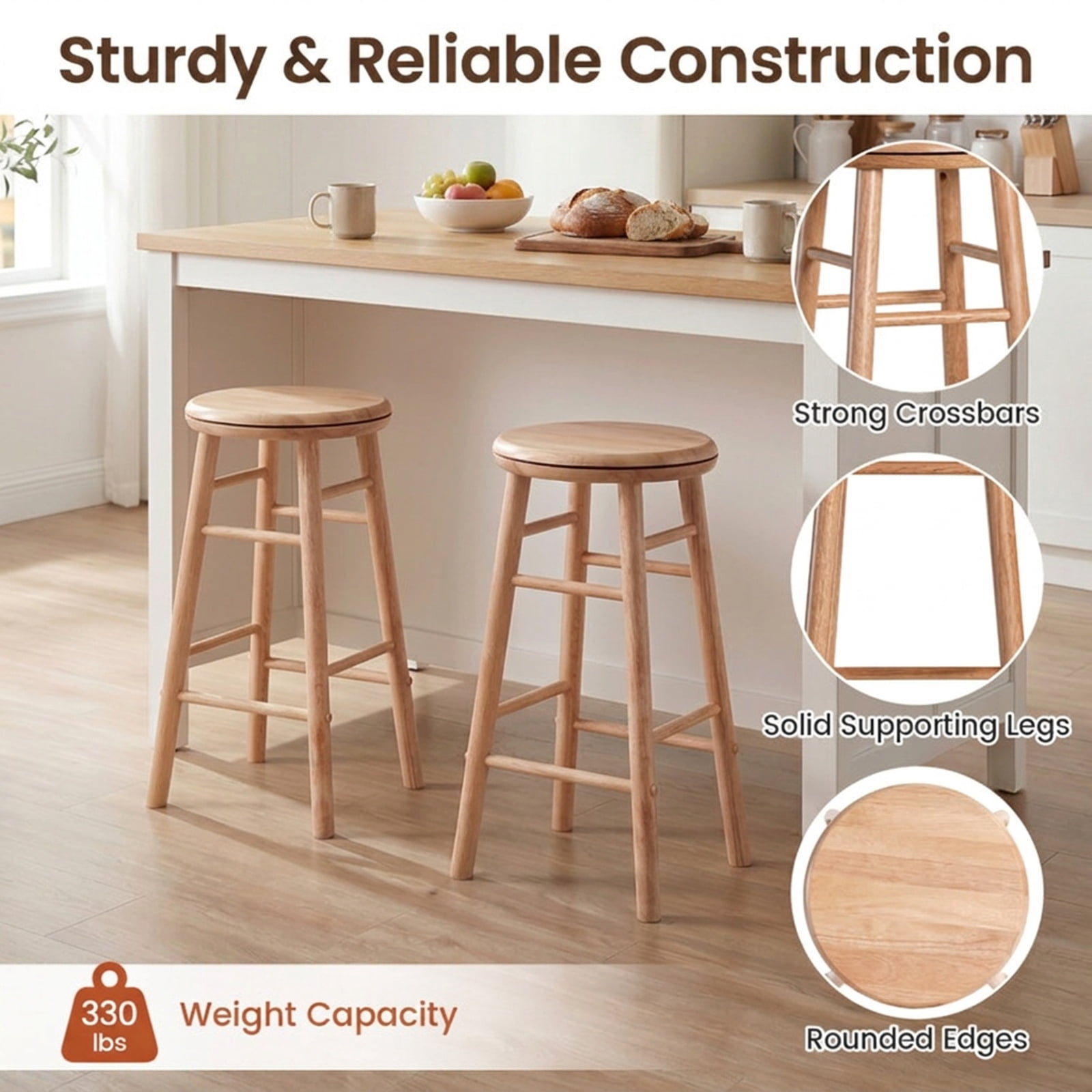 Furnibear 24" Swivel Bar Stools Set of 2 with Footrests & Crossbars for Kitchen Island Counter Bar Pub Dining Home, Natural