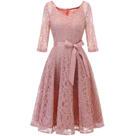 - Market In The Box V Neck Lace 3/4 Sleeve Bridesmaid Wedding Guest Midi Dress