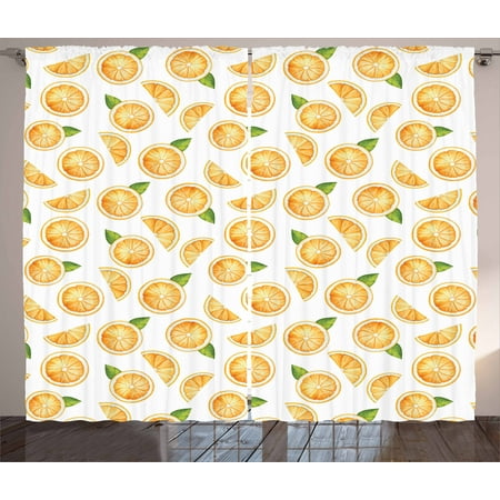 - Orange Curtains 2 Panels Set, Watercolor Slices of Orange Fruit with Green Leaves Fresh Ripe Juicy Food, Window Drapes for Living Room Bedroom, 108W X 96L Inches, Orange Green White, by Ambesonne