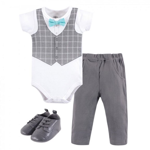 Little Treasure Baby Boy Cotton Bodysuit, Pant and Shoe 3pc Set, Mint Bow Tie, 0-3 Months
