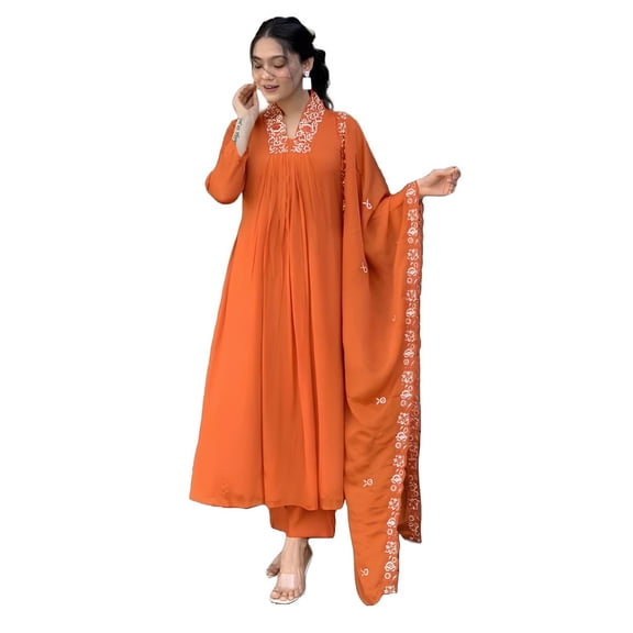 Nermosa Women Solid Embroidery Kurta and Pant Set with Dupatta - Indian Ethnic Traditional Wear Kurta Set