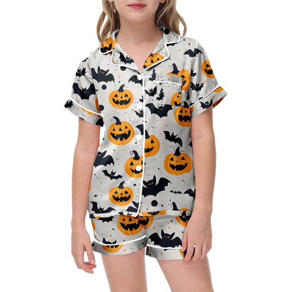 SJLDQY Halloween Girls Pajama Sets Button Down Short Sleeve Hallowmas Printed Shirts Shorts 2 Piece Pj Sets Casual Sleepwear Breathable Loungewear Sets for Girls
