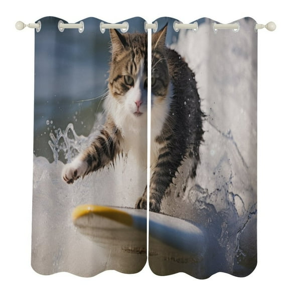Surfing Cat Window Curtain Panels Grommet Blackout Curtains Blackout Curtains for Living Room