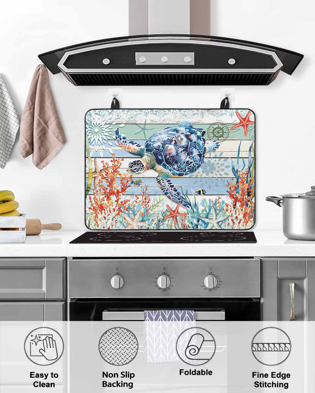 nqOlkjepod Large Induction Cooktop Protector Mat 28.5"x20.5", Sea Turtle Ocean Stove Top Covers for Electric Stove, Summer Beach Coastal Coral Wooden Stove Burner Cover Mats, Glass Top Stove Cover