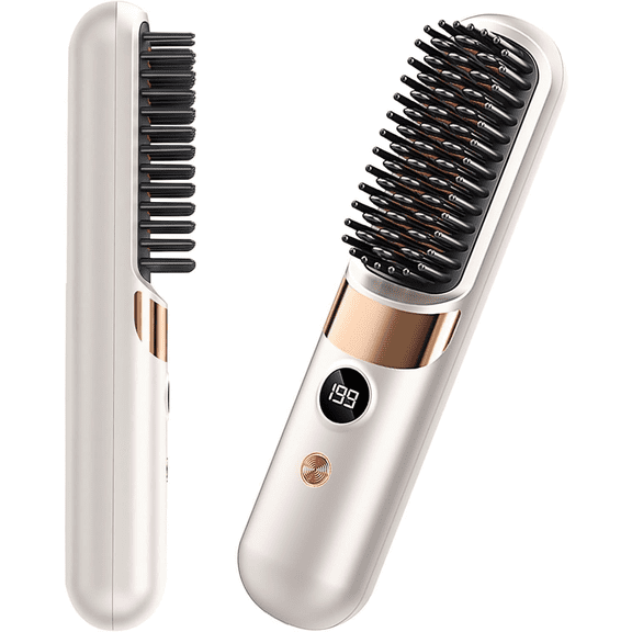 Go Brush Pro Cordless Hair Straightener Brush, Portable Rechargeable Ceramic Styling Brush with 4 Heat Modes & LED Display
