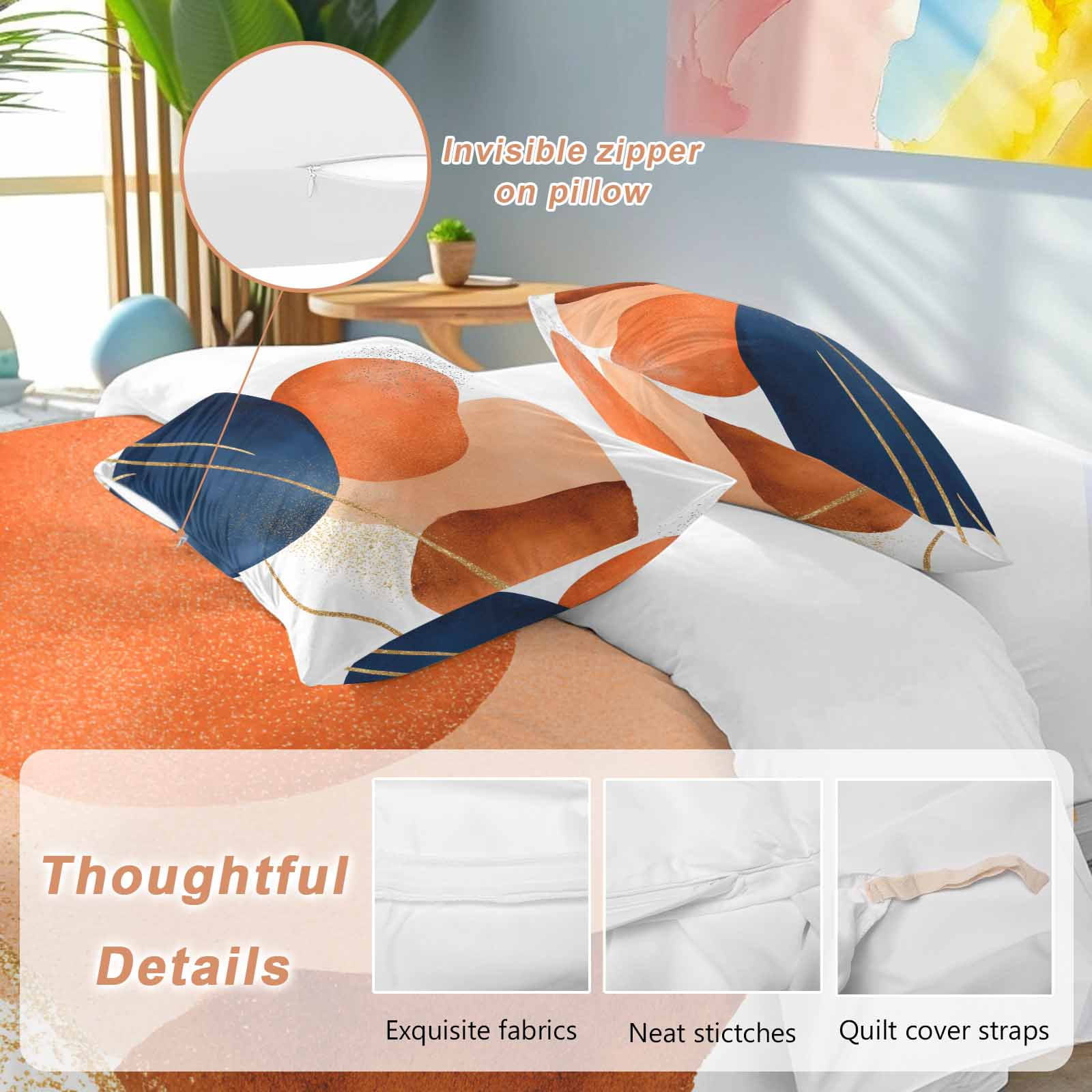 Navy Blue Burnt Orange Bedding 3 Piece Duvet Cover Set California King, Modern Retro Geometric Soft Microfiber Comforter Cover with Zipper Closure & Pillowcases, Wrinkle & FadeResistant Quilt Cover