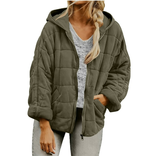 Économies d'Automne/hiver! srobpty Manteau Matelassé à Manches Longues pour Femme, Hauts Unis à Capuche à Manches Longues pour Femme, Manteau/veste Rembourré avec Poche Vert Armée, TTG