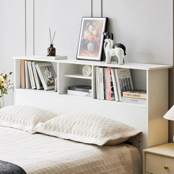 King Headboard with Storage with Adujstable Shelves, King Wooden Headboard, Free Standing Headboards with Adujstable Bookshelf, Sturdy and Durable Wood Headboards with 4 Compartments, White