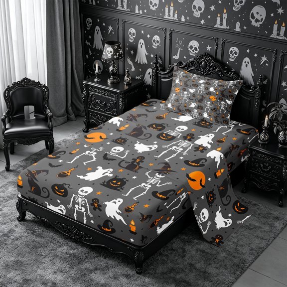 Erosebridal Gothic Skeleton Ghost Twin Sheets 3pcs,Halloween Black Cats Bedding,Dark Grey,1 Flat Sheet, 1 Fitted Sheet and 1 Pillowcase