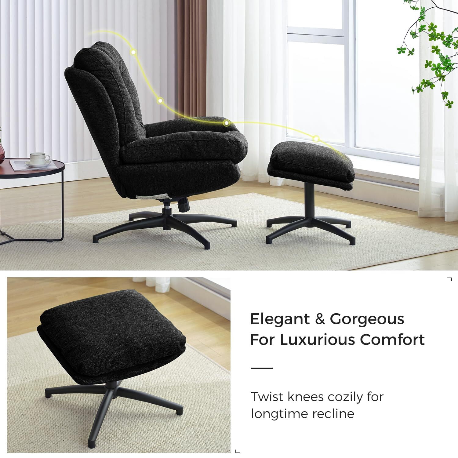 Comfort Stretch Black Swivel Accent Chair with Ottoman Rocker Glider Chairs Ottoman Footrest Set