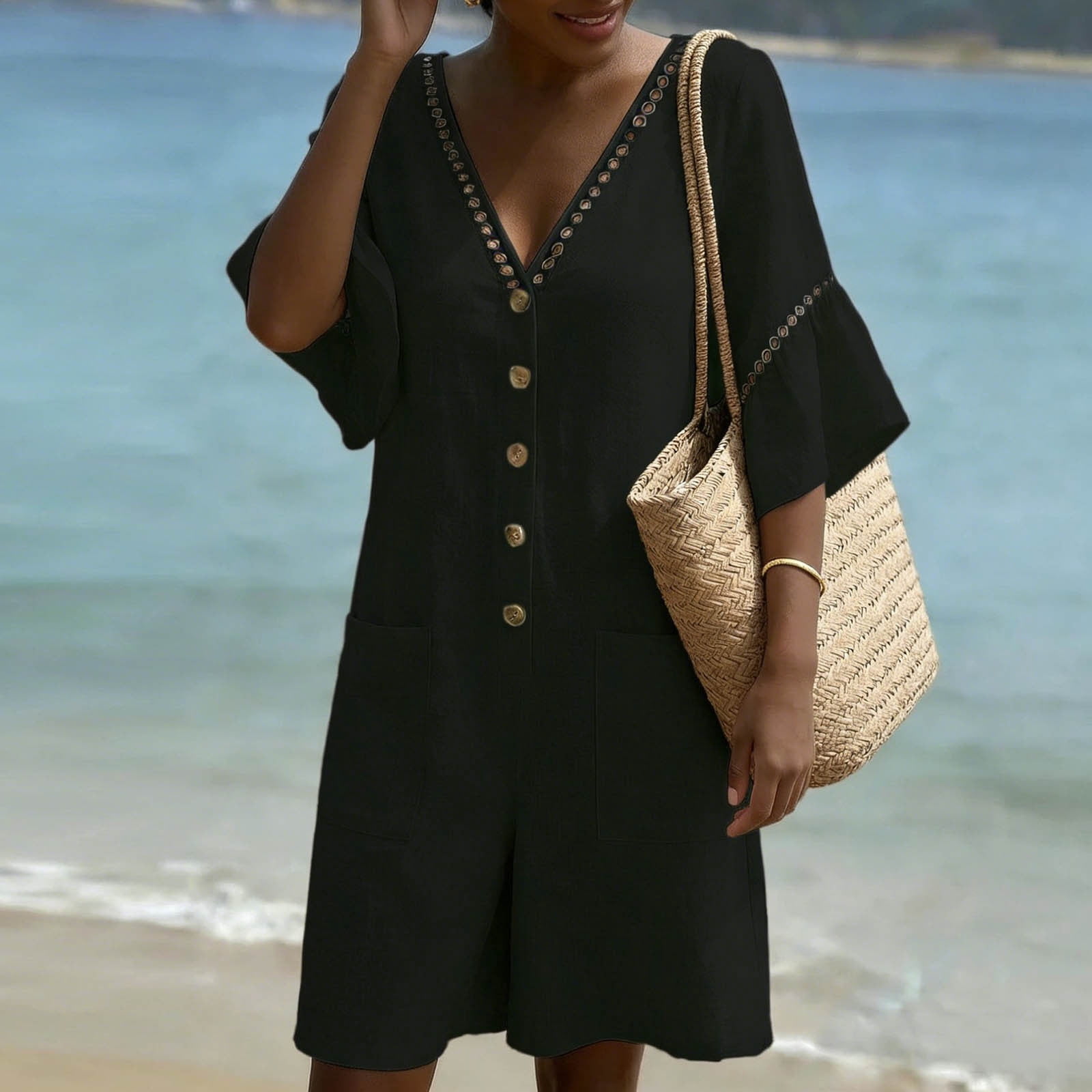 UPPADA Summer Beach Romper Womens V Neck Bell Sleeve Eyelet Button Front Jumpsuit Casual Comfy One Piece Overall Flowy Dress with Pockets Black,XXL