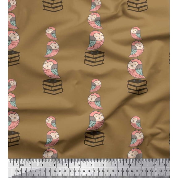Soimoi Brown Cotton Voile Fabric Books & Owl Cartoon Print Sewing Fabric Yard 56 Inch Wide