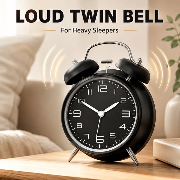 Emlimny 4 Inches Twin Bell Loud Alarm Clock for Heavy Sleepers, Backlight, Battery Operated Old Fashioned Alarm Clock for Bedrooms (Black)