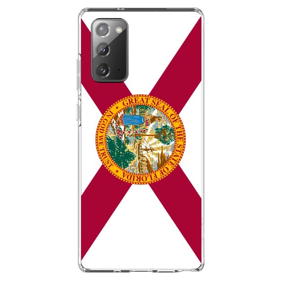 DistinctInk Clear Shockproof Hybrid Case for Samsung Galaxy Note 20 (6.7" Screen) - TPU Bumper, Acrylic Back, Tempered Glass Screen Protector - Florida State Flag - US State Flag