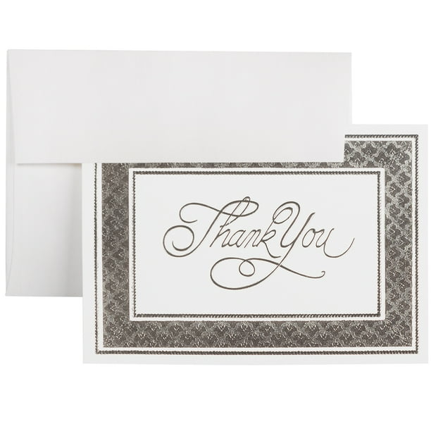 JAM Thank You Card Sets, 100/Pack, Silver Border with Bright White