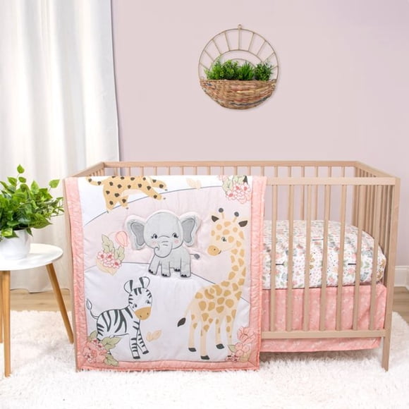 Juego de Ropa de Cama para Cuna The Peanutshell Safari Rosa y Gris Set de 3 piezas