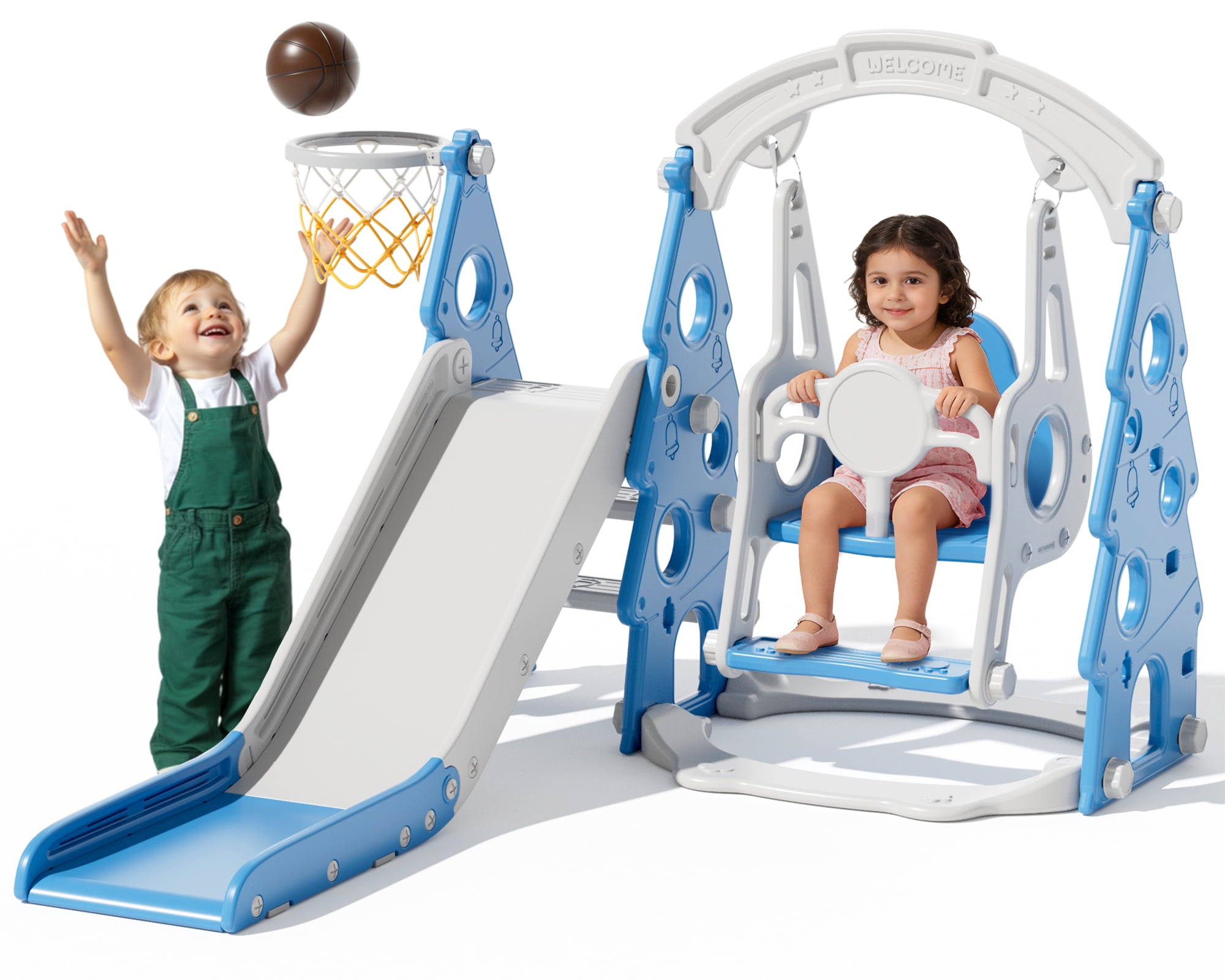 XJD 4-in-1 Toddler Slide and Swing Set, Kids Indoor Outdoor Playset with Basketball Hoop, Backyard Playground for Toddlers 1-3 Years Old, Blue