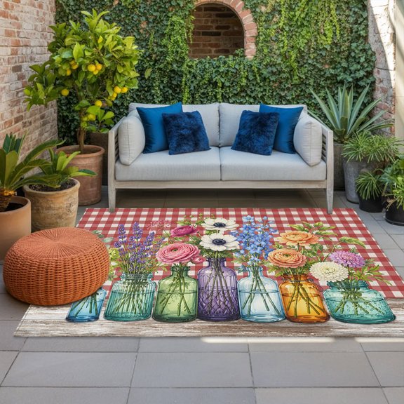 Outdoor Rug, Country Blossom Flower Indoor Area Rug Outdoor Carpet RV Camping Rugs 4x6ft Pastoral Colorful Wildflower Buffalo Plaid Outside Mat for Patio Picnic Porch Deck Balcony Backyard