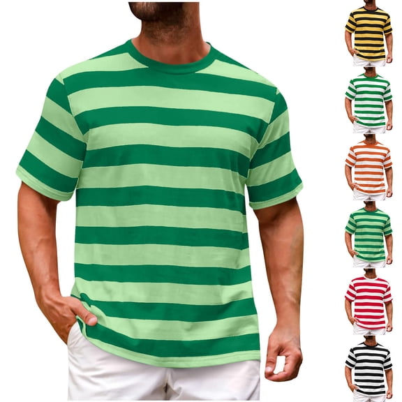 RongHuan Big and Tall T-Shirt for Men Striped Crewneck Short Sleeve Tees Soft Basic Pullover Fitness Sports Tshirt