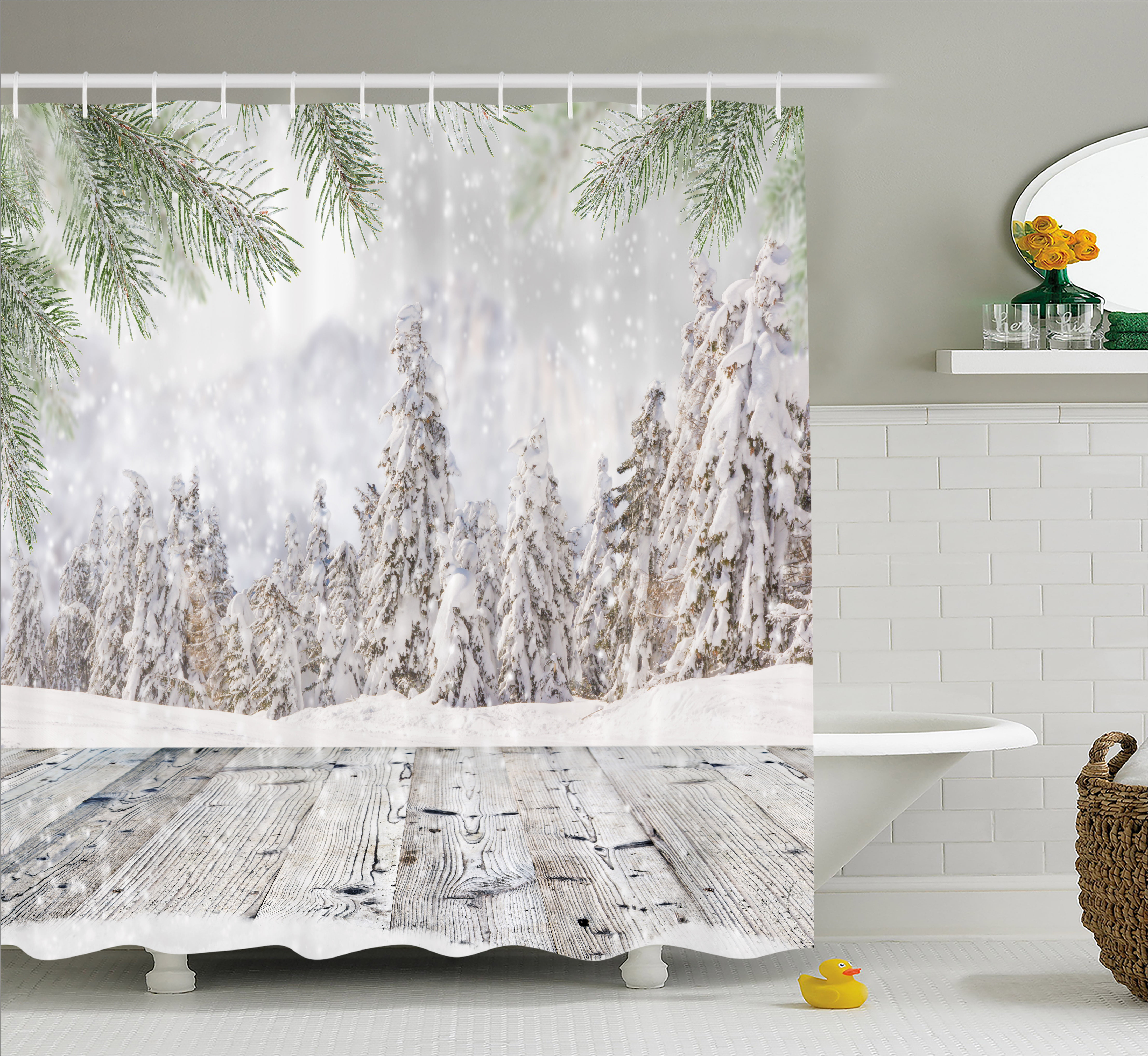 Winter Shower Curtain, Abstract Christmas Theme with Snow Covered ...