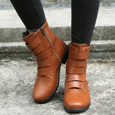 

symoid Womens Boots- Medium Tube Round Head Solid Side Zipper Low Heel Short Boots Shoes Brown 42