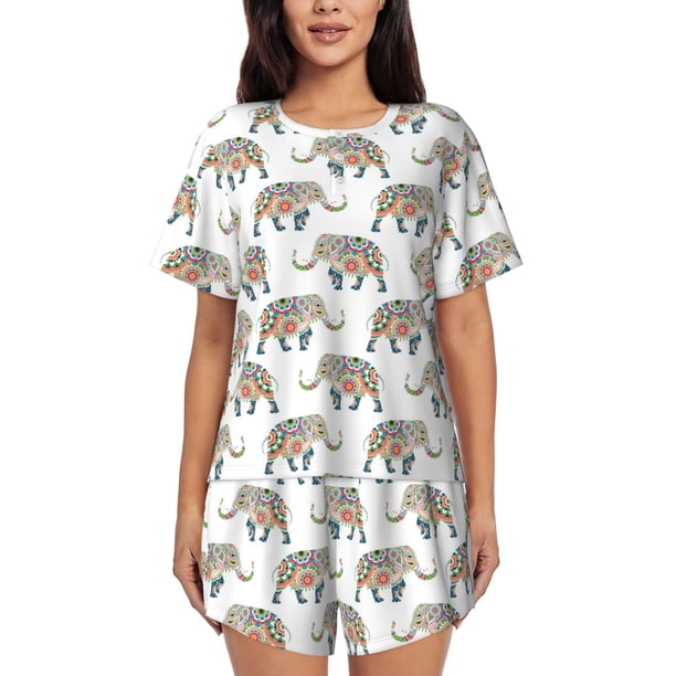 Fotbe Indian Elephant Conjunto de Pijama Estampado para Mujer, 2 Piezas, Ropa de Dormir con Camiseta de Manga Corta y Shorts Suaves-Small