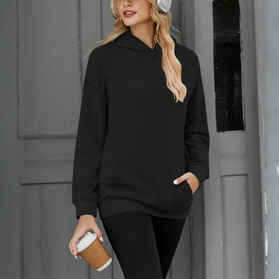Women’s Casual Solid Color Hoodie Long Sleeve Pullover Sweatshirt with Pocket Loose Fit Fashion Tops for Autumn Winter Spring Daily Wear Black