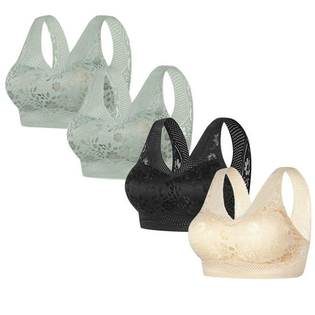 REORIAFEE Bras for Women Front Closure 4 Pack Gathered Together No Wire Bras Floral Prints Brassiere Comfy Wide Strap Breathable Corset Underwear Comfortable Classic Support Lingerie Yellow XL