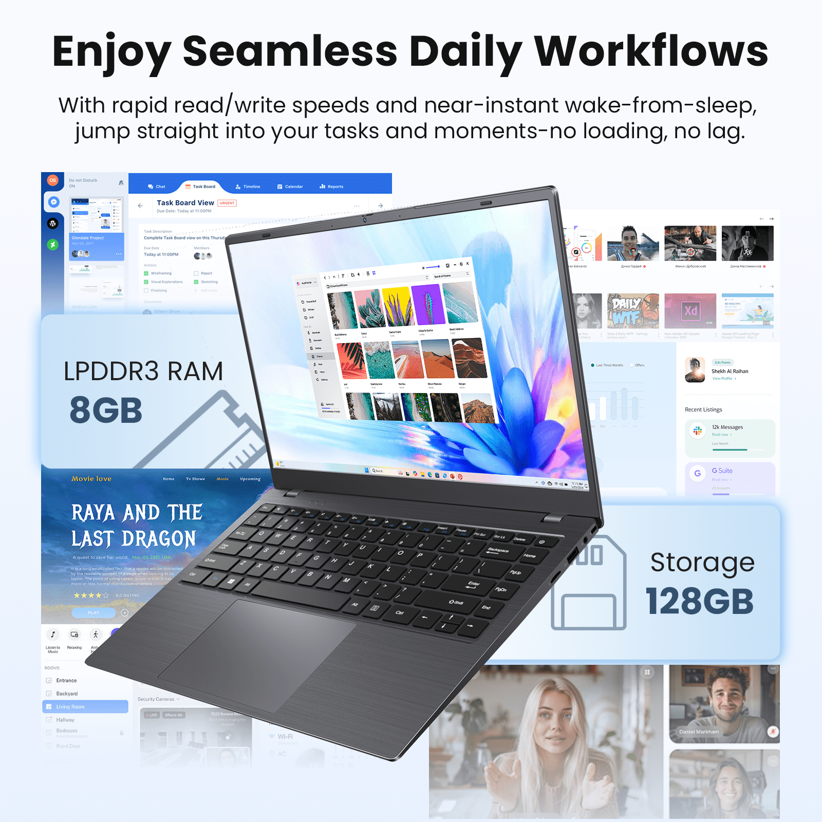 RNRUO 14" Laptop with Windows 11, 8GB RAM 128GB SSD, FHD Screen USB-C PD Fast Charging, Office 2024 Included, Portable Laptop for Students and Home Use, Gray