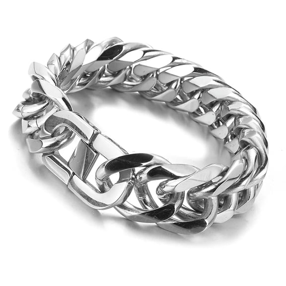 QQTDFG 21mm Polished Men's Silver Tone Heavy Stainless Steel Curb Chain Bracelet Bangle-default
